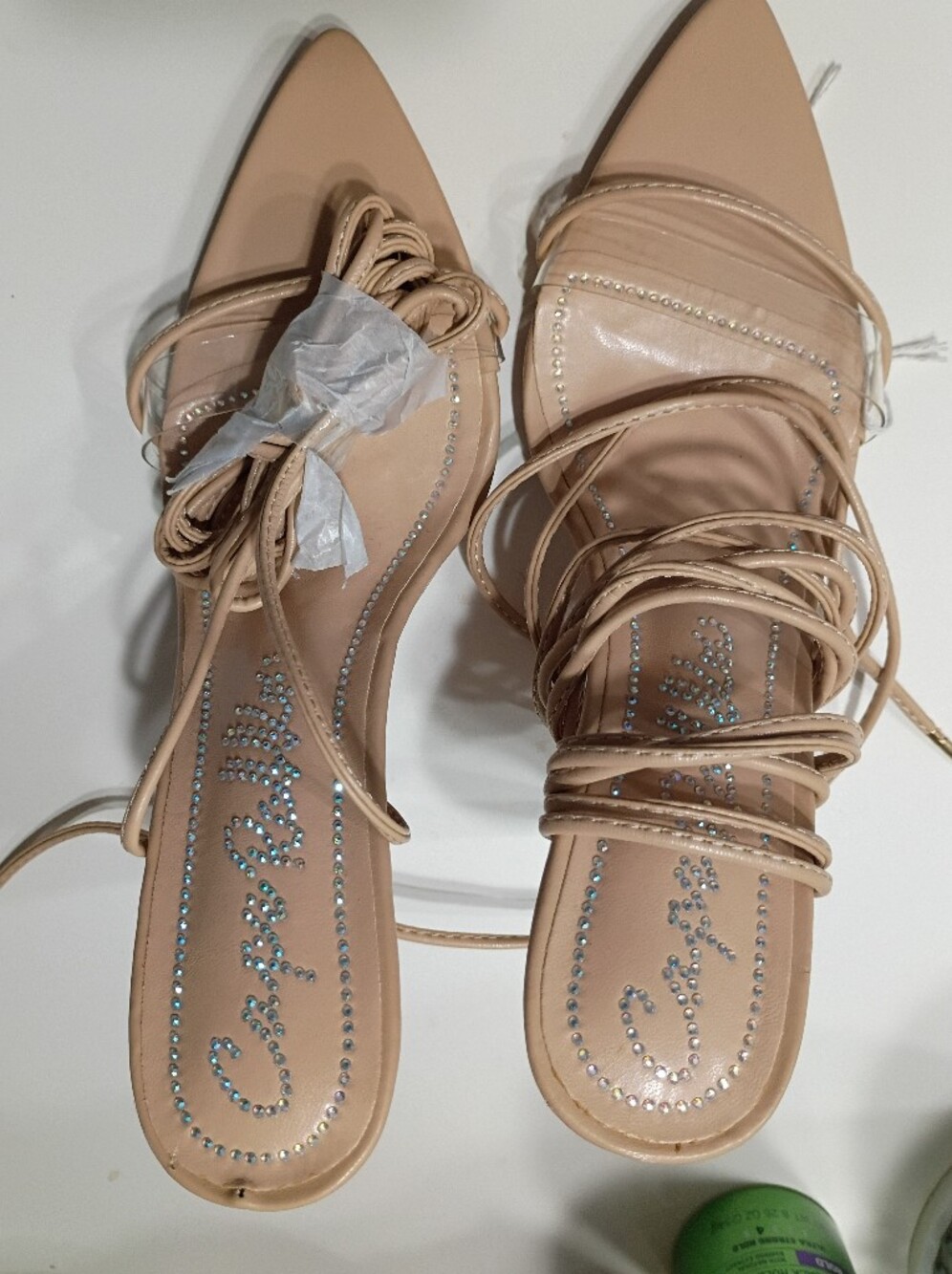 Beige Strappy Pointed-Toe Heels with Rhinestone Detail